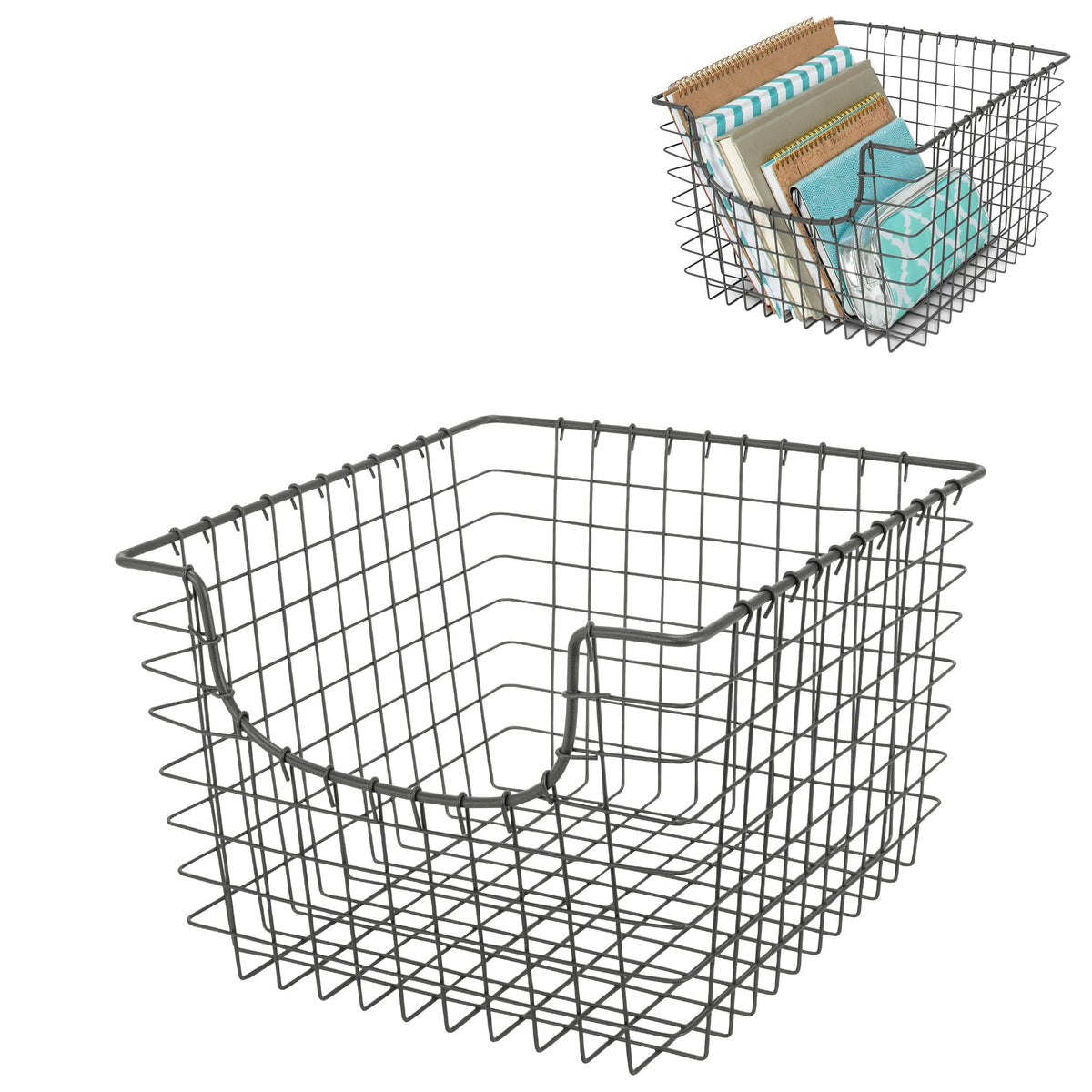 Spectrum wire scoop basket with open-front design for easy pantry access and visible contents.