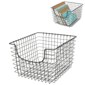 Spectrum wire scoop basket with open-front design for easy pantry access and visible contents.