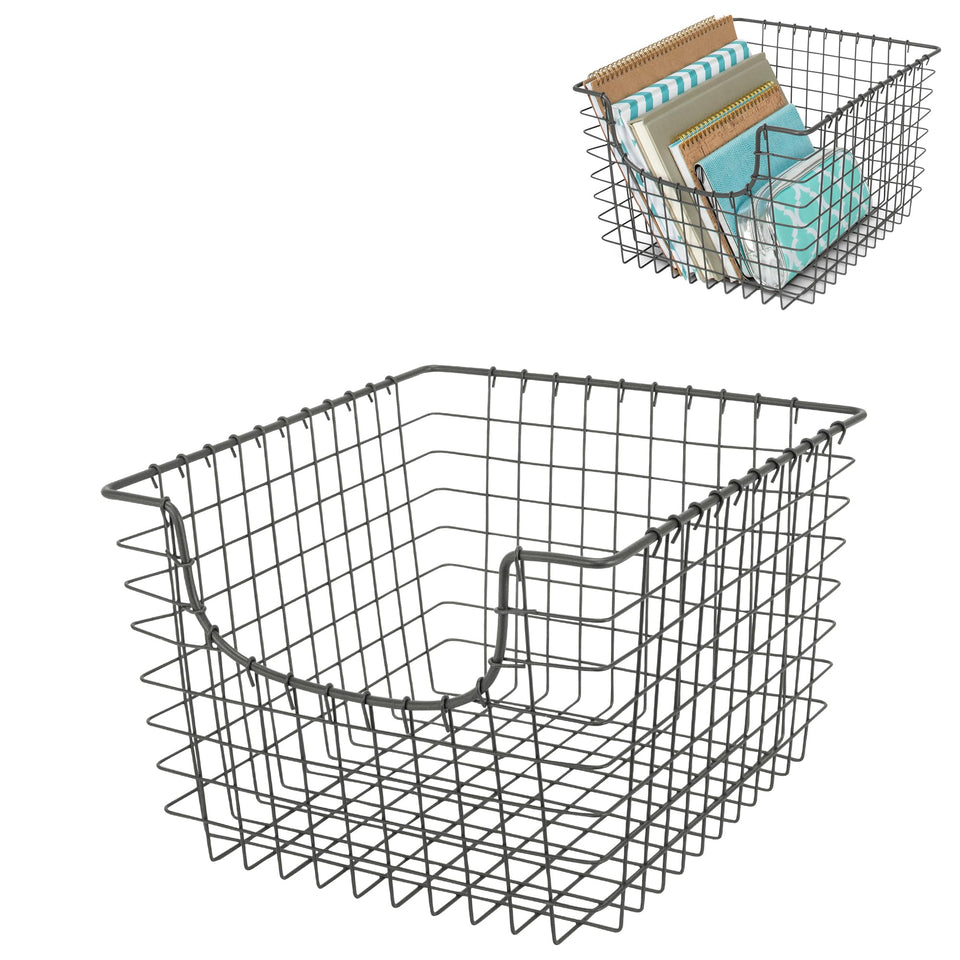 Spectrum wire scoop basket with open-front design for easy pantry access and visible contents.