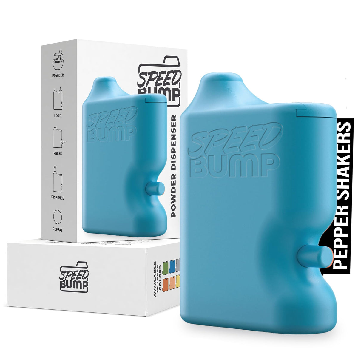 Speed Bump portable pepper shaker blue front view for easy on-the-go seasoning.