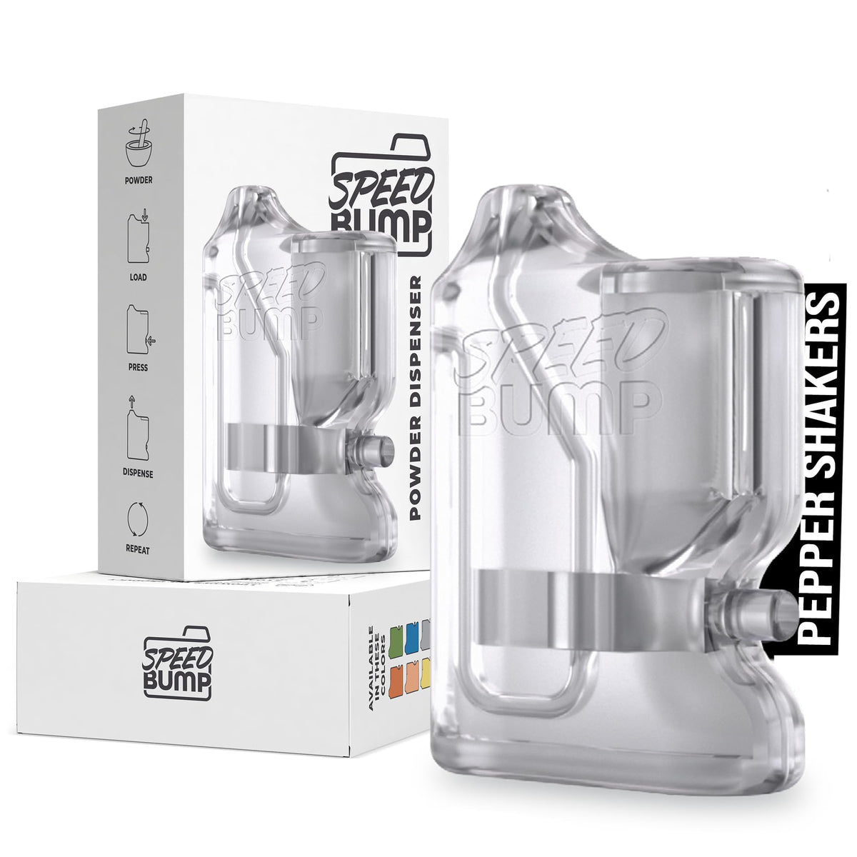 SPEED BUMP portable pepper shaker clear for on-the-go seasoning and mess-free dispensing.