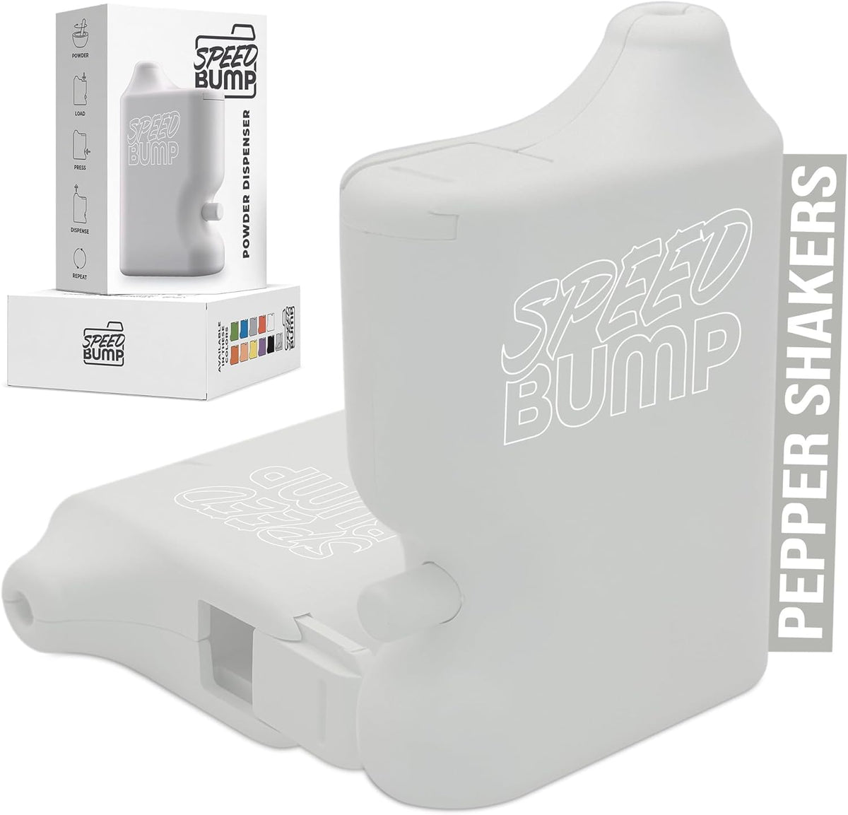 Speed Bump portable pepper shaker white for on-the-go seasoning.