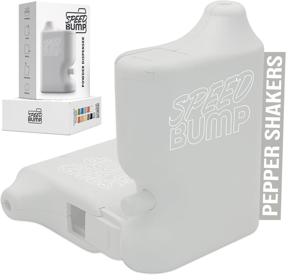 Speed Bump portable pepper shaker white for on-the-go seasoning.