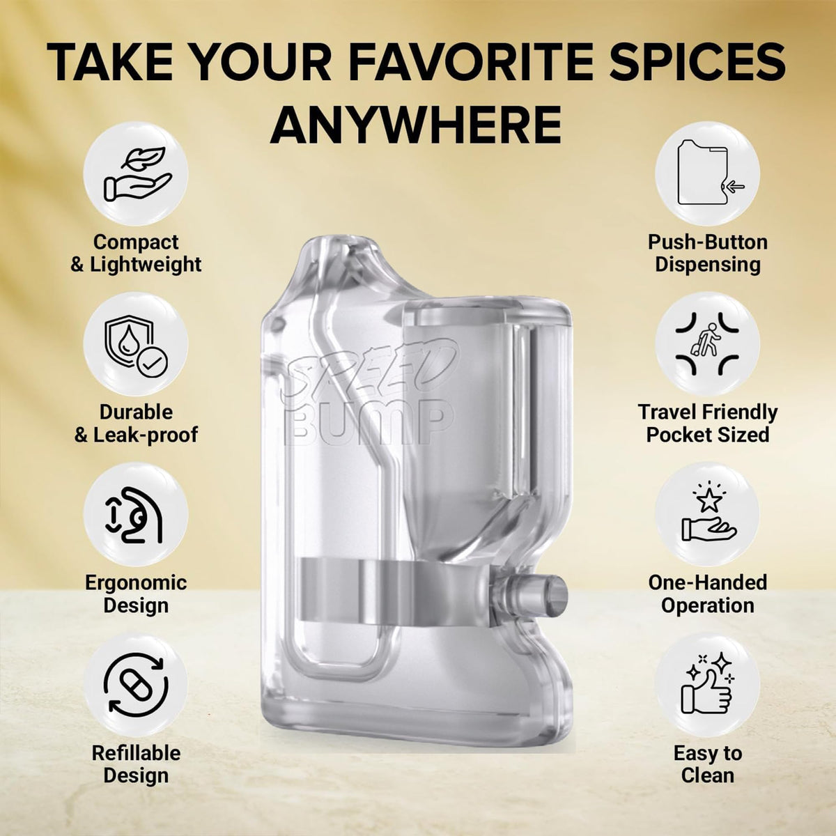 SPEED BUMP salt and pepper dispenser compact design for easy pocket seasoning.