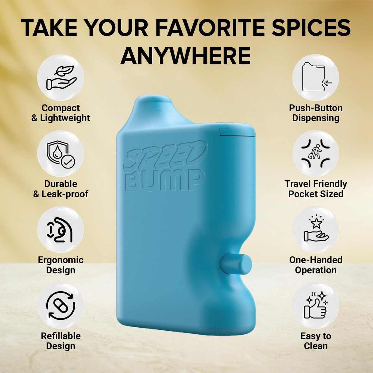 Speed Bump spice dispenser blue cap closeup highlights durable, travel-ready design.