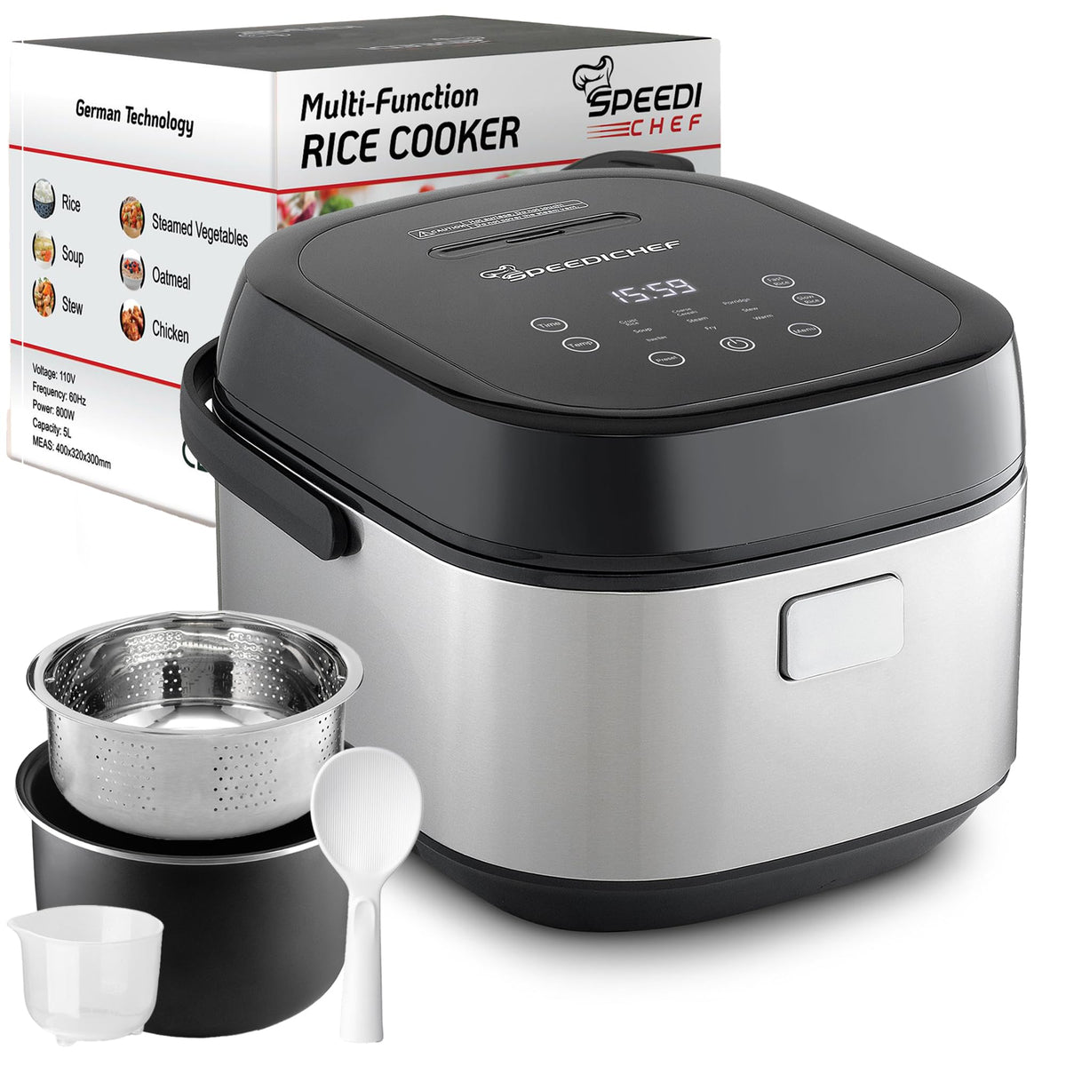SpeediChef 10-cup rice cooker with steamer basket for steaming vegetables and grains.