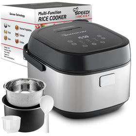 SpeediChef 10-cup rice cooker with steamer basket for steaming vegetables and grains.