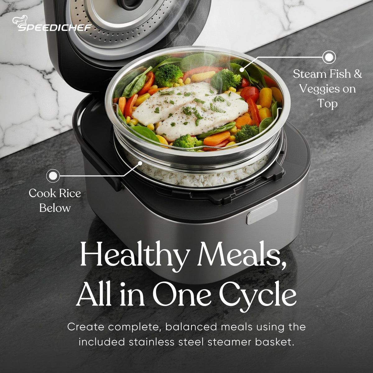 SpeediChef easy-clean inner pot simplifies cleanup after family meals.