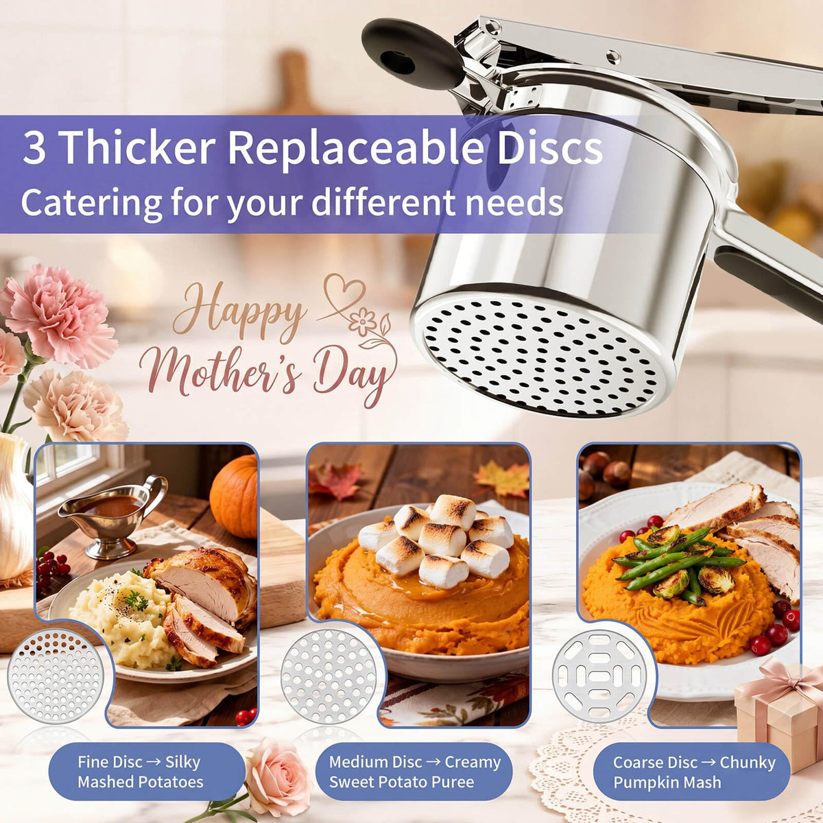 SPEENSUN potato ricer with thick disc for hearty, chunky mash.