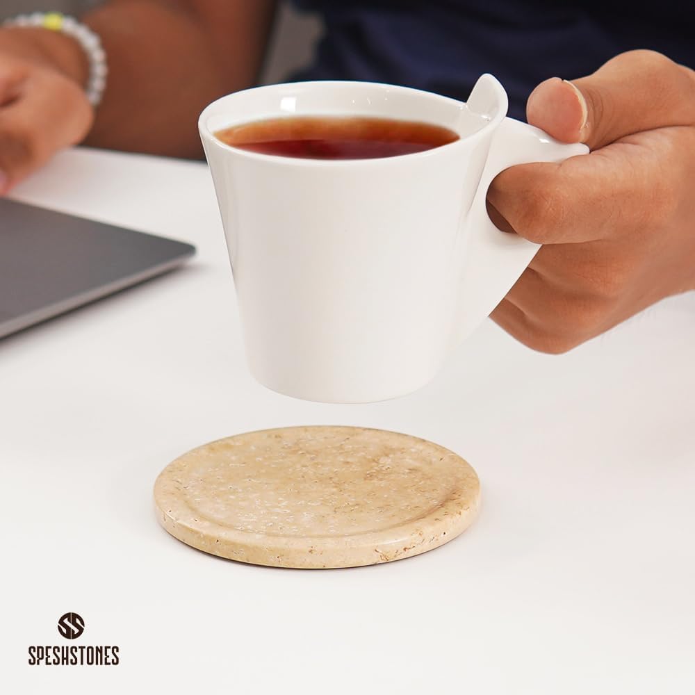 SPESHSTONES travertine coaster close-up shows natural texture and premium craftsmanship