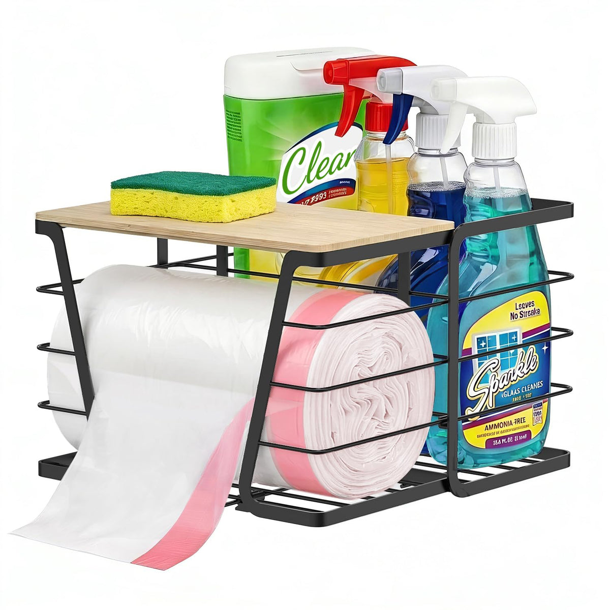 Sphakl 2-in-1 under-sink organizer with bamboo lid keeps bags neatly organized.
