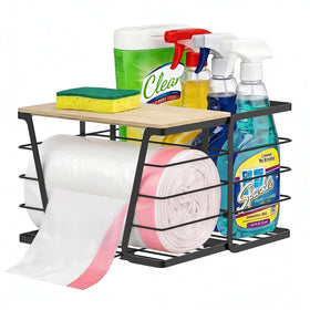 Sphakl 2-in-1 under-sink organizer with bamboo lid keeps bags neatly organized.