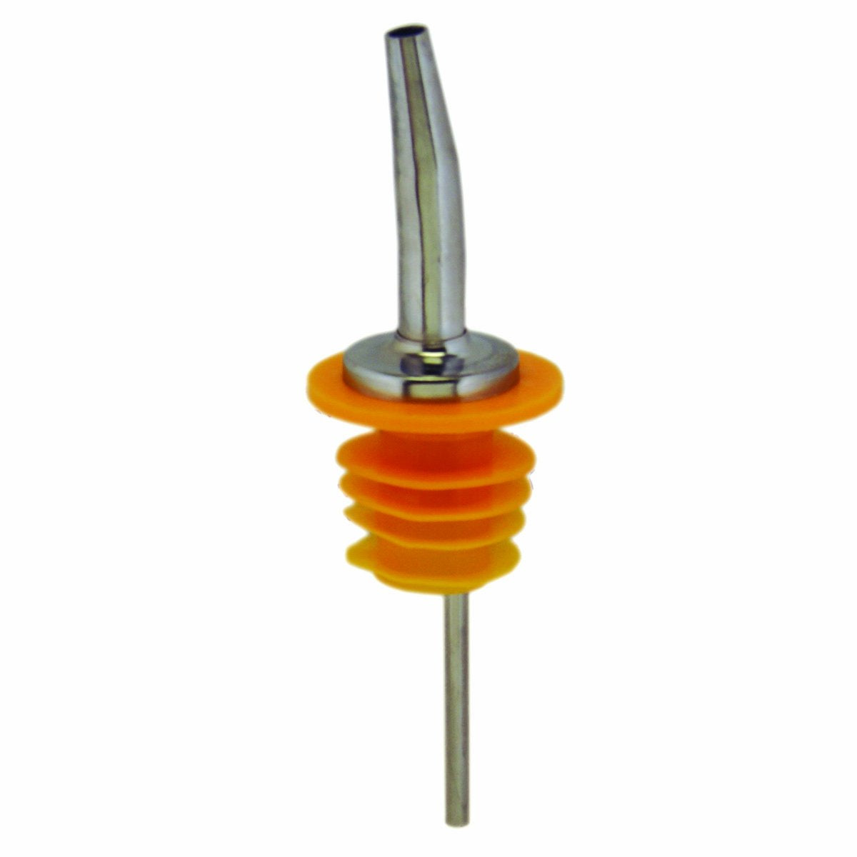 Spill-Stop 285-60 chrome liquor pourer on a wide-neck bottle enables precise cocktail pours.