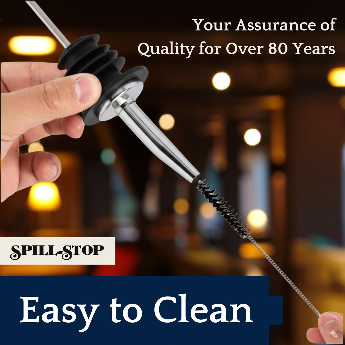 Leak-proof Spill-Stop pourer reduces spills during service