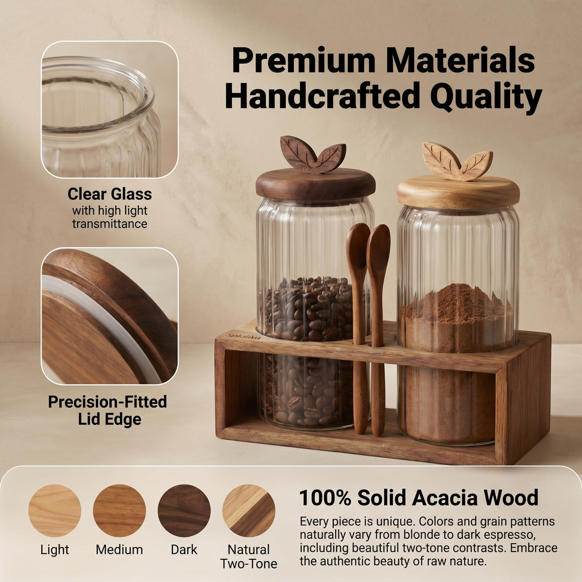 Splotiva acacia wood organizer tray neatly holds jars and spoons.