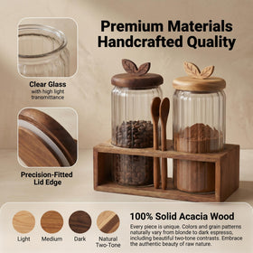 Splotiva acacia wood organizer tray neatly holds jars and spoons.