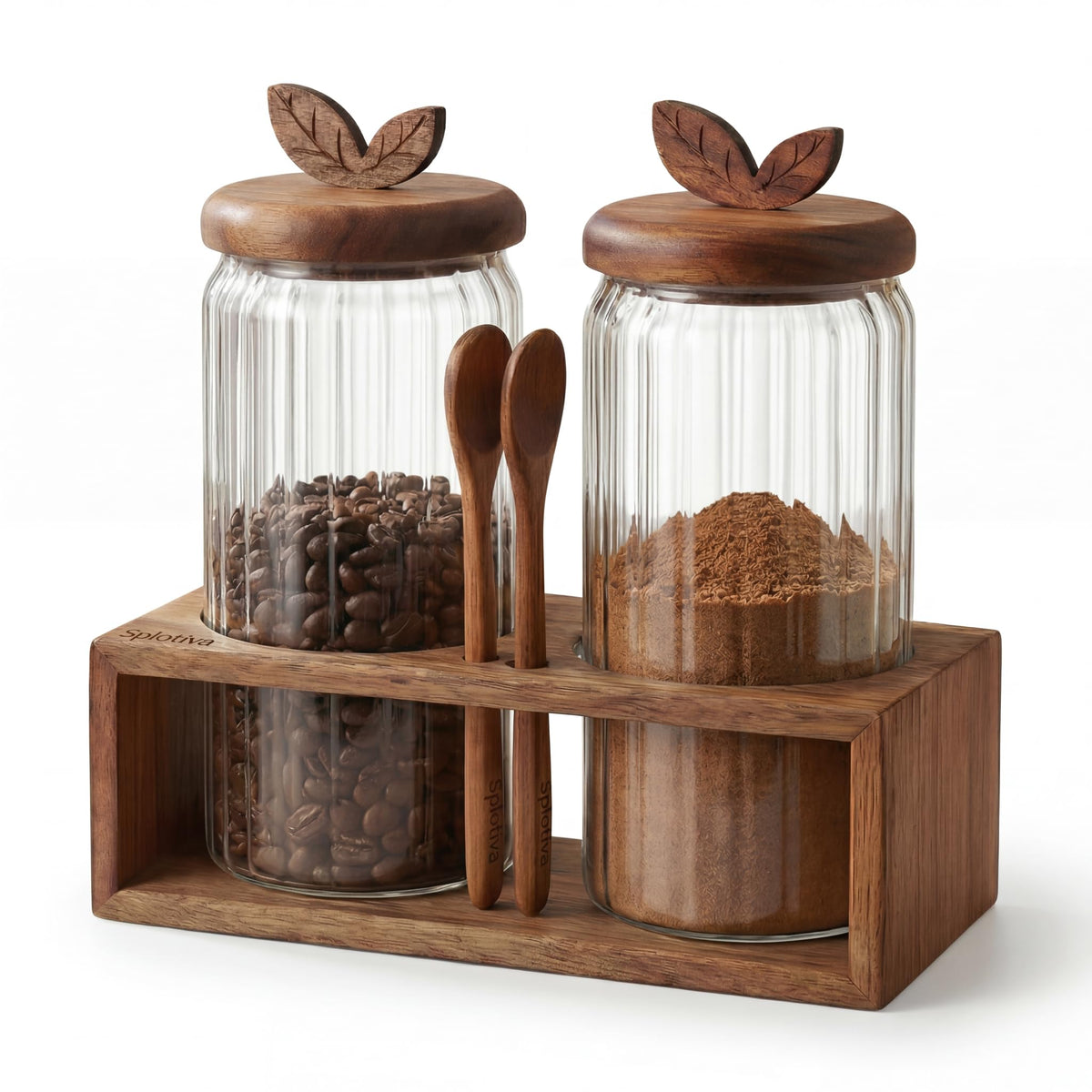 Splotiva coffee bar glass canister with acacia lid keeps 34-oz contents visible and fresh.