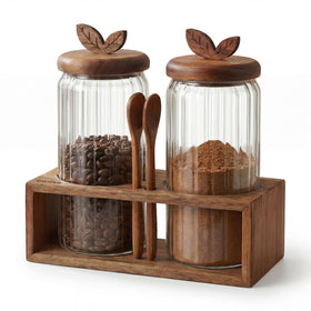 Splotiva coffee bar glass canister with acacia lid keeps 34-oz contents visible and fresh.
