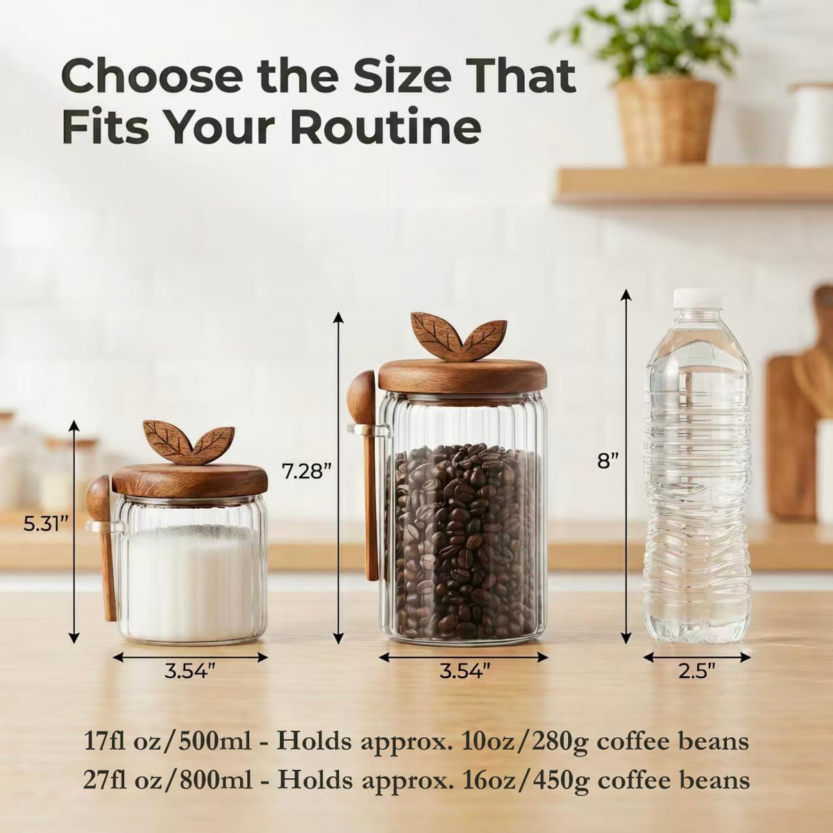 Splotiva glass coffee canister with wooden lid and spoon lid removed for easy scooping.