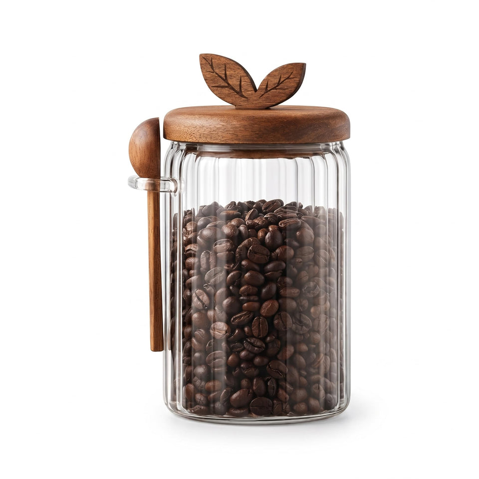 Splotiva glass coffee canister with wooden lid and spoon front view showing fresh contents.