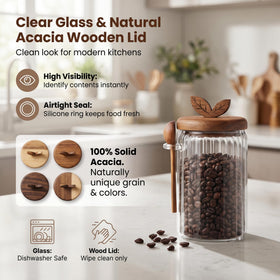 Splotiva glass coffee canister with lid on preserving airtight freshness for daily use.