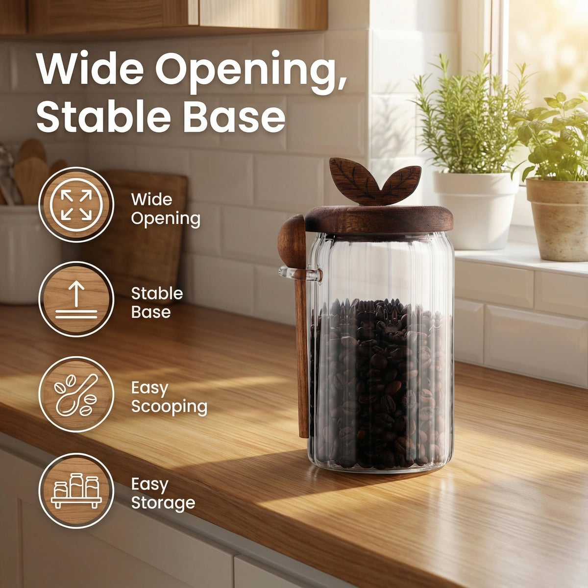 Splotiva glass coffee canister on pantry shelf for neat spice or snack storage.