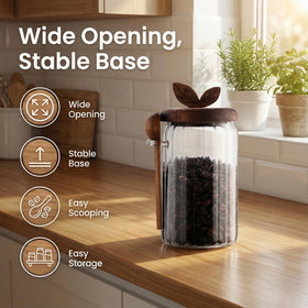 Splotiva glass coffee canister on pantry shelf for neat spice or snack storage.