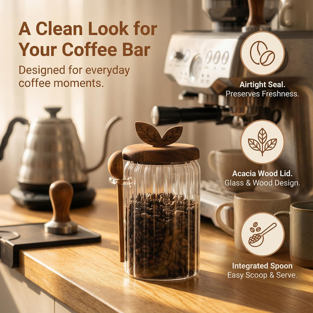 Splotiva glass canister top-down view for compact counter placement.