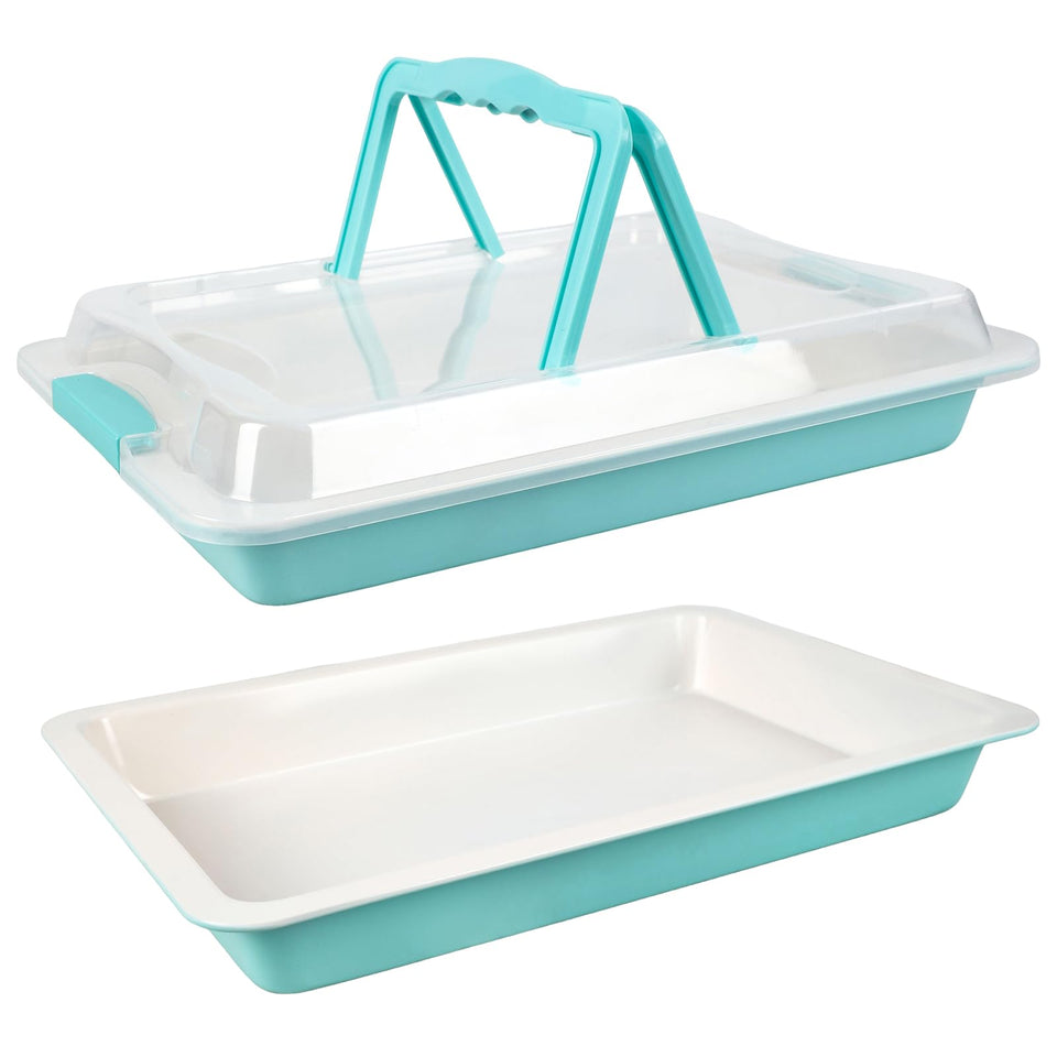Spmarkt teal sheet cake pan with lid, front view showing two-pan set for two-batch baking.