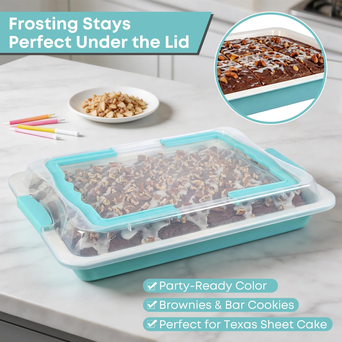 Non-stick ceramic coating inside the teal pan for easy release and cleanup.