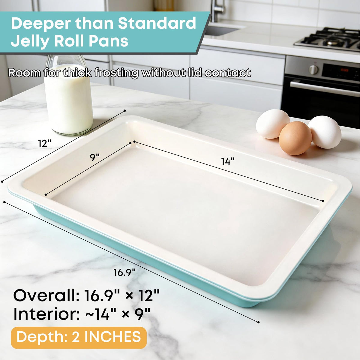 Teal pan labeled oven-safe up to 450°F for versatile baking uses.