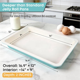 Teal pan labeled oven-safe up to 450°F for versatile baking uses.