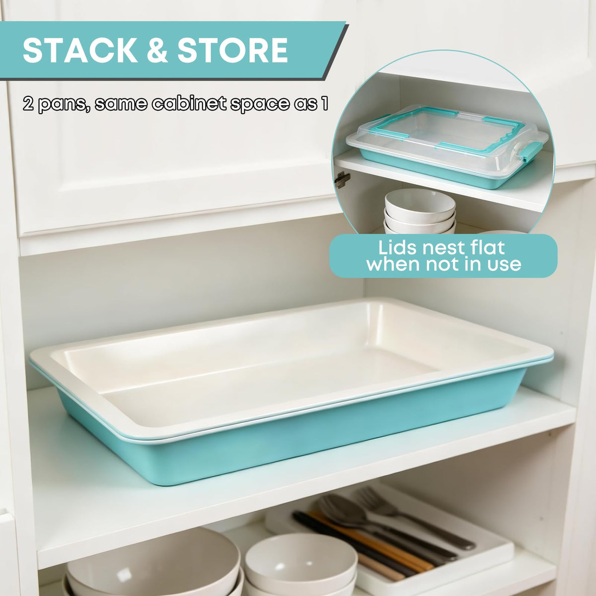 Two pans nest flat for compact storage in teal finish.