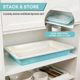 Two pans nest flat for compact storage in teal finish.