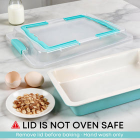 Clear snap-on lid in teal ready for secure transport to parties.
