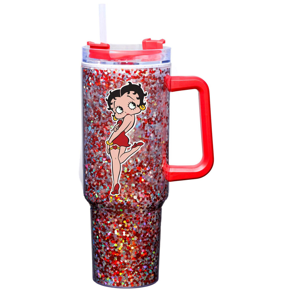Spoontiques Betty Boop 40oz glitter travel mug with sliding lock lid for on-the-go beverages