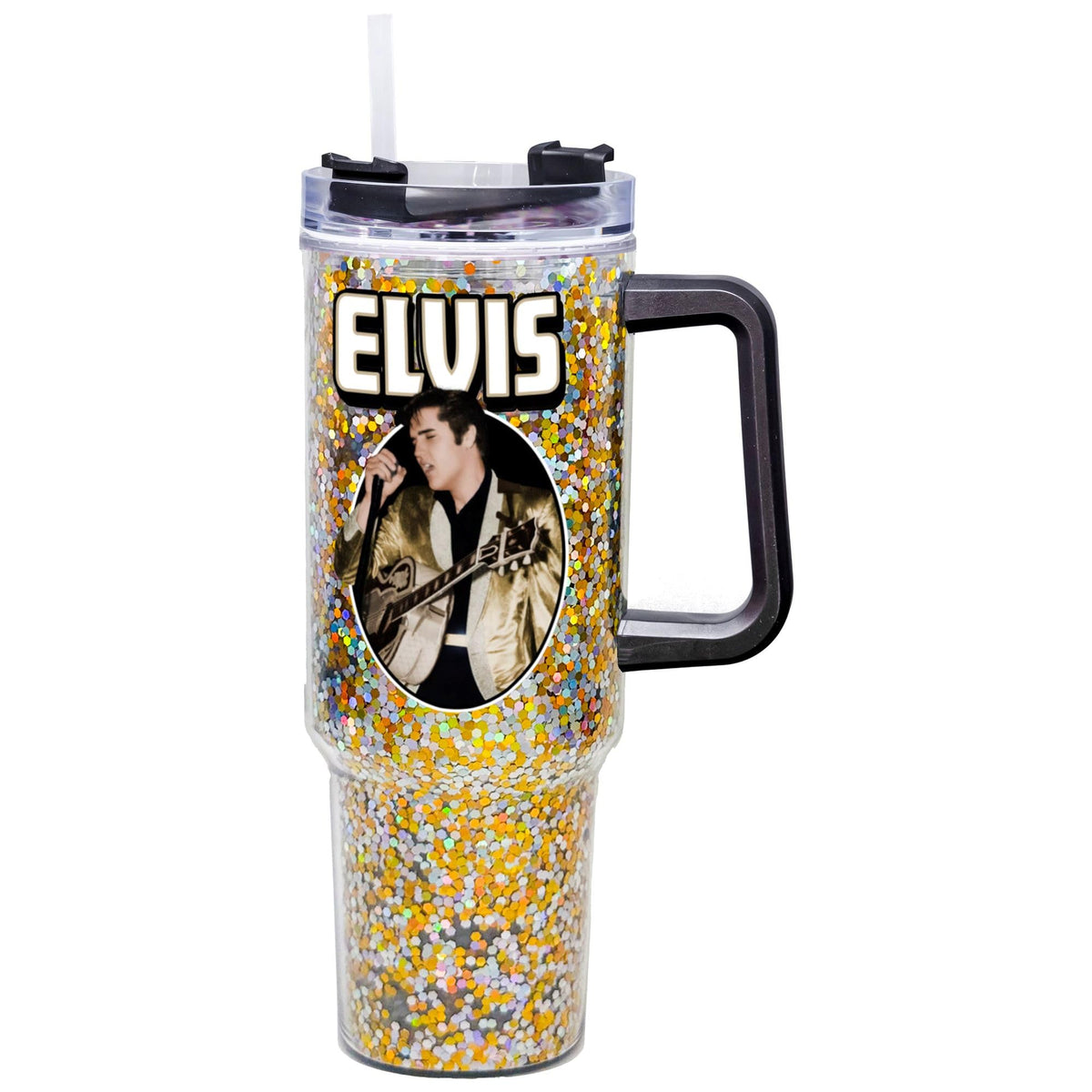 Spoontiques Elvis 40oz glitter travel mug with sliding lid, perfect for on-the-go hydration.