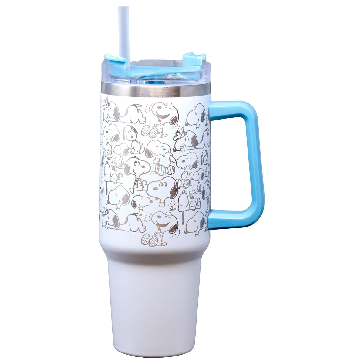 Spoontiques etched peanuts travel mug with Snoopy design and double-wall insulation for hot or cold beverages.