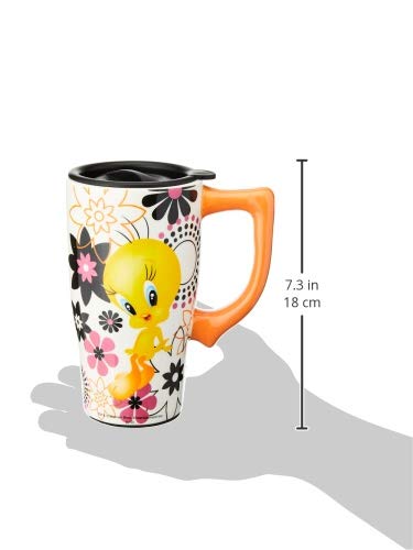 Spoontiques Tweety mug showing 18-ounce capacity and double-wall insulation for hot or cold drinks