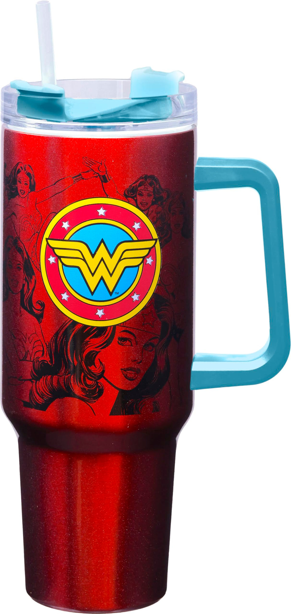 Spoontiques Wonder Woman travel mug with double-wall insulation for hot or cold drinks.