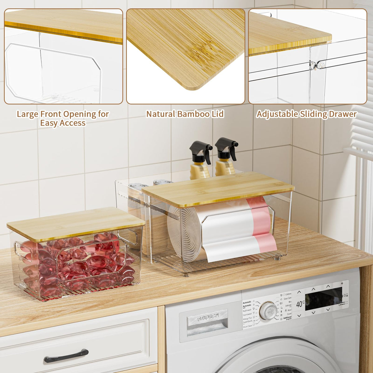 Clear acrylic body with bamboo lid adds warm, durable style.
