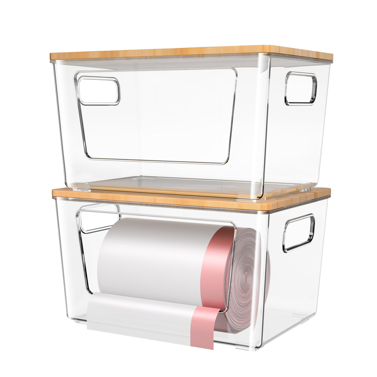 Spospo trash bag holder with bamboo lid demonstrates stackable design for compact kitchens.