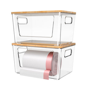 Spospo trash bag holder with bamboo lid demonstrates stackable design for compact kitchens.