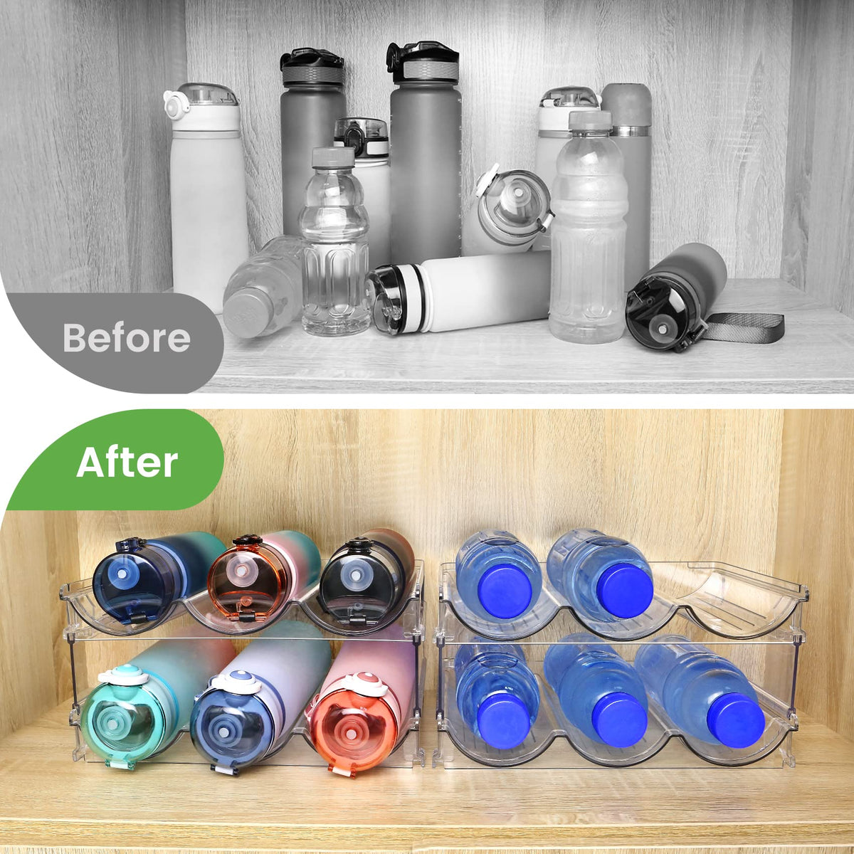 Spospo cabinet water bottle holder keeps bottles upright and ready to grab