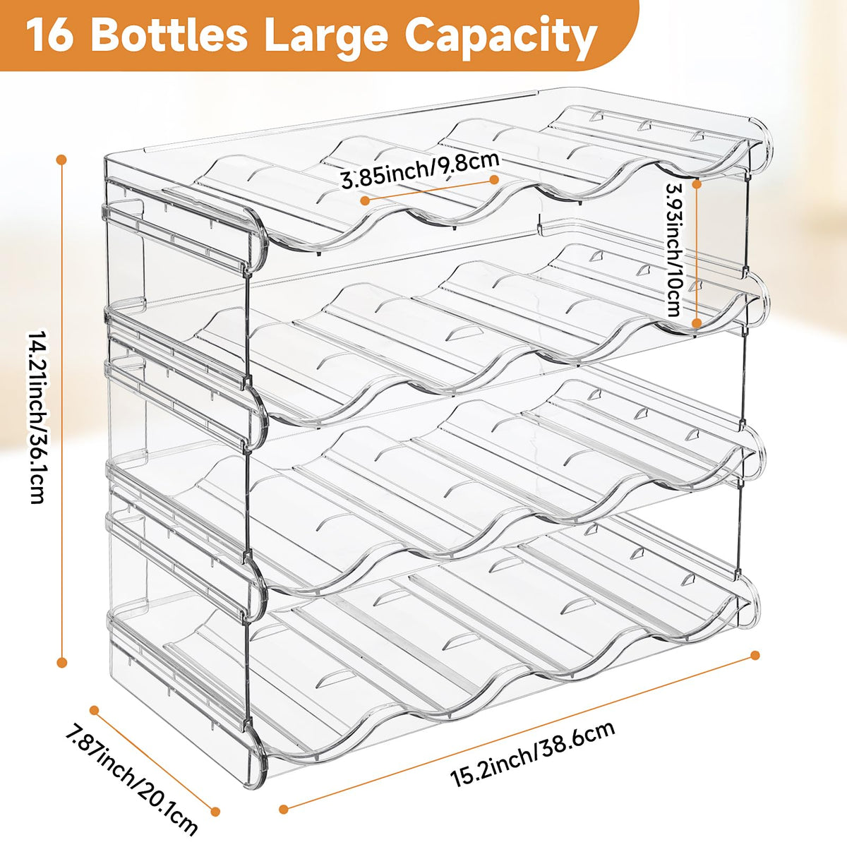Spospo four-tier water bottle rack maximizes vertical space in a kitchen.