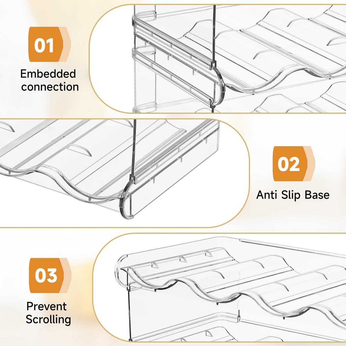 Spospo grooved shelves keep bottles from rolling during storage.