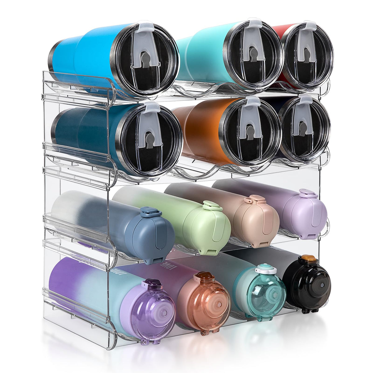 Spospo stackable bottle organizer in a cabinet keeps large bottles neatly accessible.