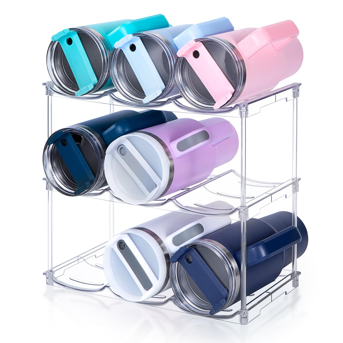 Spospo stackable bottle organizer holds Stanley 40 oz tumblers neatly in a cabinet slot.