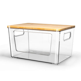Spospo trash bag holder with bamboo lid, front view for easy access and organization.