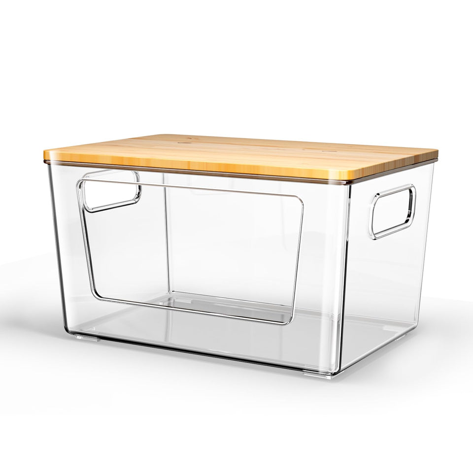 Spospo trash bag holder with bamboo lid, front view for easy access and organization.